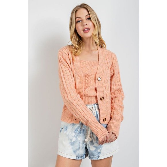 easel Sweaters Easel Peach Cable Knit Button Closures Relaxed Loose